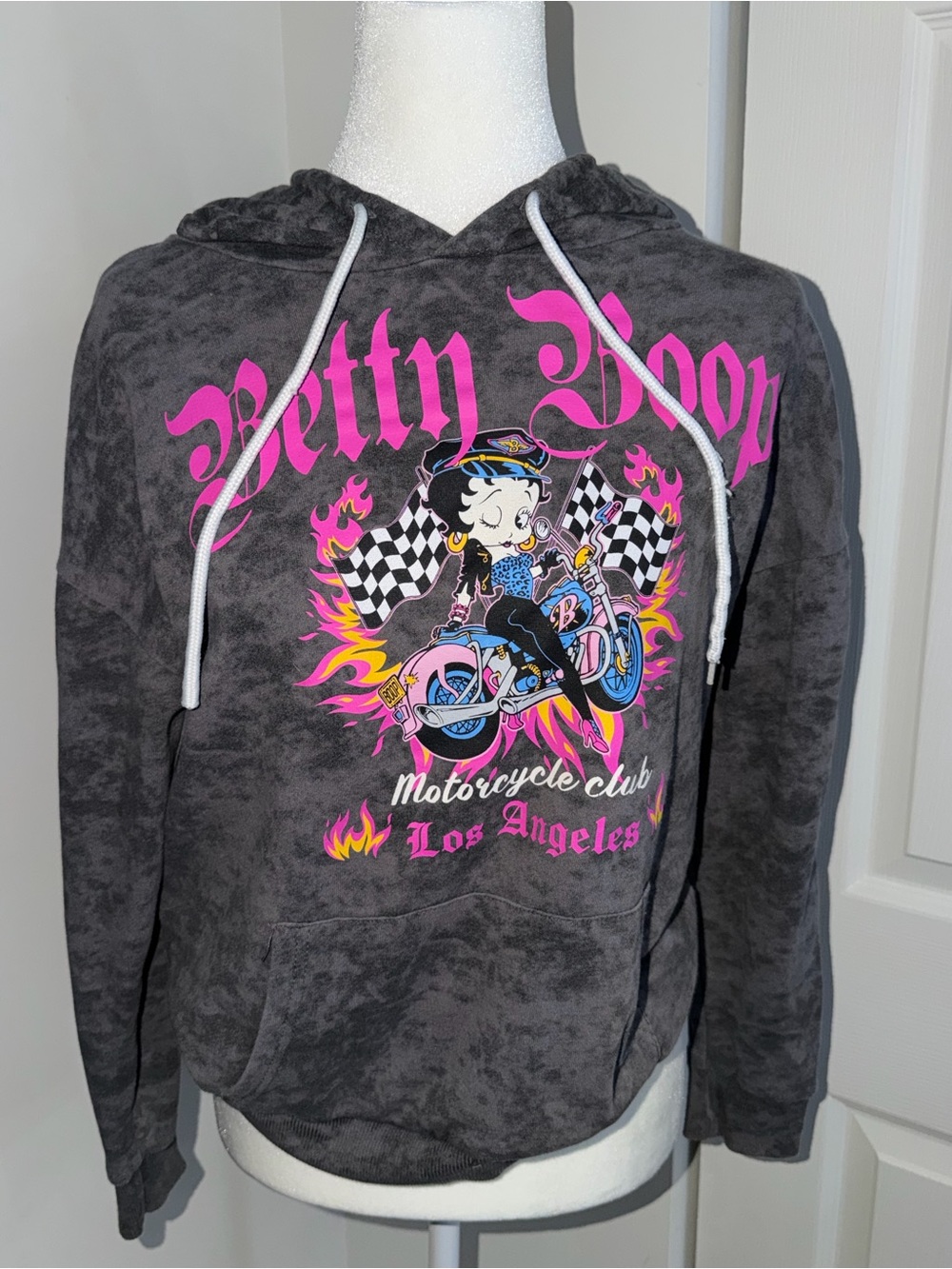 Betty Boop Charcoal Hoodie with Pink & Blue Graphic
